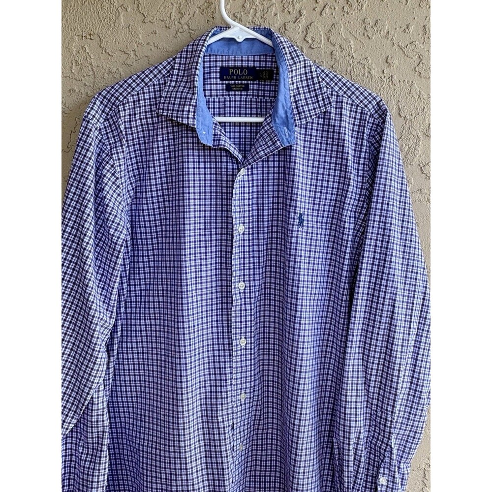 Polo Ralph Lauren Size Large Blue Purple Plaid Stretch 100% Cotton Mens Shirt